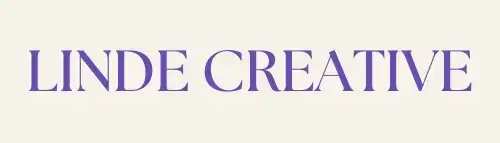 Linde Creative logotyp med lila serif-typsnitt på beige bakgrund.